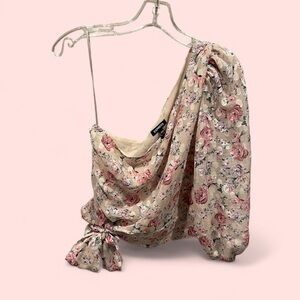 Cute creamy blush floral ruffle crop silky 1 shoulder crop top mermaid fairy